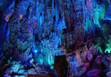 HALLOWEEN HIDEAWAY - caves, blue, mountains, mysterious, rocks, lights