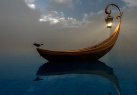 fairytale boat - crow, sky, boat lantern, magic, light, clouds, sea