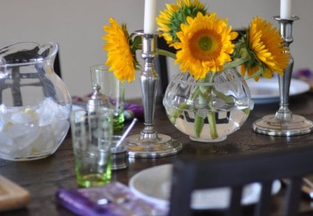 Cheerful breakfastâ™¥ - cheerful, beautiful, setting, candles, warm, yellow, breakfast, sunny, bright, light, sunflowers, table