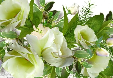 Gorgeous Green with White - roses, sensual, bouquet, chartreuse, foliage, white, fragrant, fleurs, green, ribbon, flowers, lime