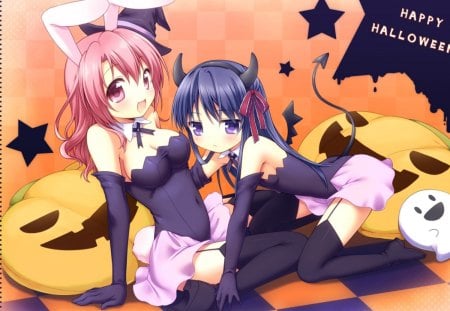 Halloween - girls, cute, anime, pumpkins