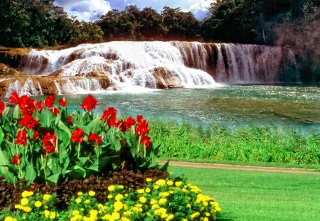 Waterfall in park - nice, falling, greenery, colorful, tulips, water, park, lovely, waterfall, nature, fall, beautiful, green, flowers, grass, rted