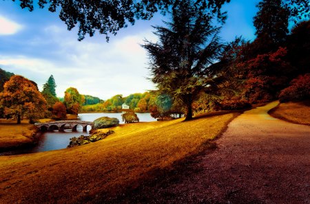 Autumn gold - nice, sky, slope, autumn, foliage, fall, reflection, river, clouds, castle, golden, bridge, lovle, branches, england, lake, falling, shore, gold, bank, beautiful, leaves