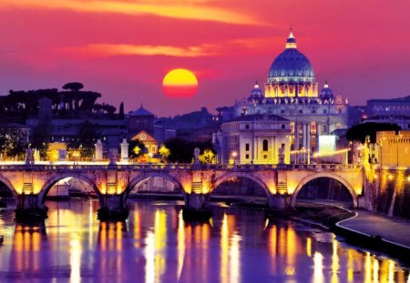 Evening in Rome - pretty, summer, europe, evening, reflection, purple, twilight, nice, sky, sun, clouds, beautiful, lovely, rome, colorful, nature, rays, lights, dusk, building, utaly