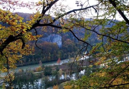 autumn scene - river, trees, blue, autumn