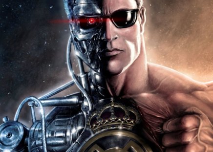 the terminator - red eye, man, muscles, sunglasses, robot