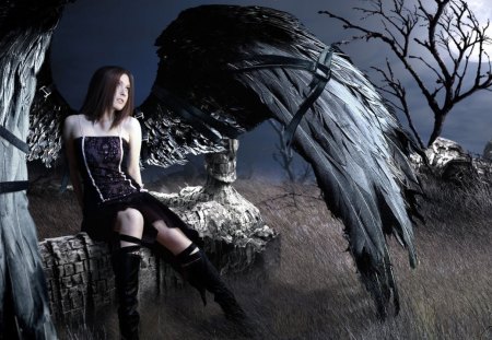 Dark Angel sitting in the cemetery