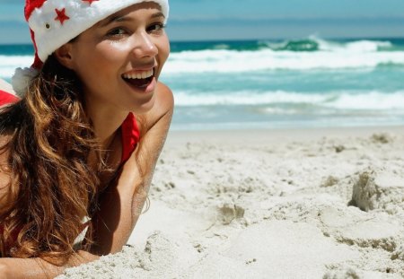 Happy Santa girl on the beach - santa, beach, girl, happy