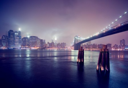 Brooklyn Bridge and skyscrapers in the haze - skyscrapers, haze, brooklyn, bridge