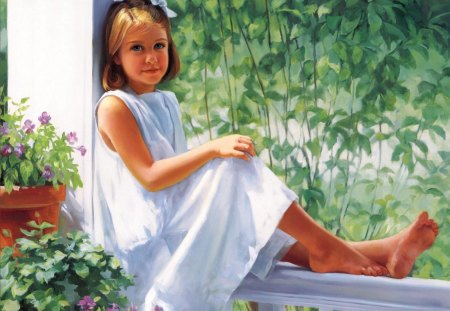  girl sitting on the porch - white, railing, plants, flowers, girl, porch, sitting