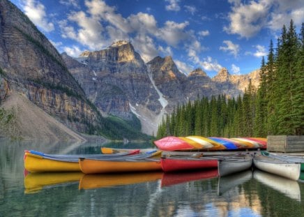 canoes on the lake with mountains - canoes, mountains, lake, with