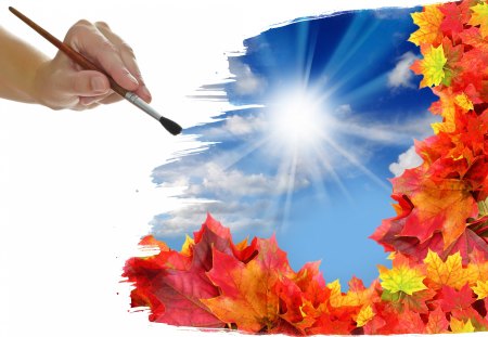 Sunny Autumn - pretty, sunny, autumn colors, autumn time, leaves, sunrays, sky, sun, clouds, sunlight, beautiful, photography, beauty, lovely, sweet, drawing, nature, hand, rays, autumn, painting, autumn leaves, sunny autumn, brush, leaf