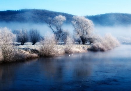 fog in blue lake with mountains - lake, blue, fog, mountains, with