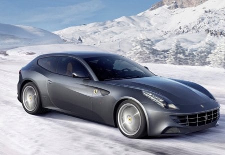 gray Ferrari FF on snowy road - snowy, road, ferrariff, gray, on