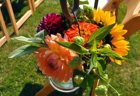 Sunny Love♥ - hanging, sunny, yellow, herbs, closeup, fresh, sunflower, dahlias, vase, forever, wedding, zinnias, love, special day, bouquet, green, bright