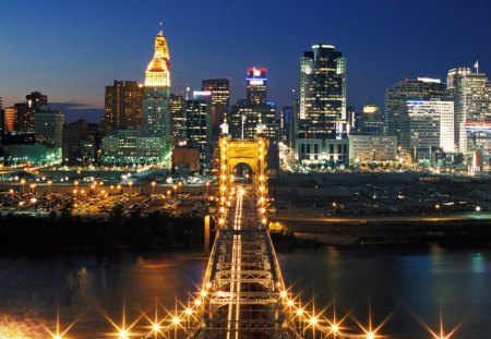 'John Roebling Suspension Bridge' - new york, attractions in dreams, places, photography, night, stunning, skyscrapers, cityscapes, most downloaded, city, architecture, bridges