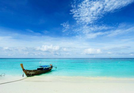 Beautiful Sea - beaches, sky, nature, oceans, beautiful, clouds, blue, sea, sand, boat