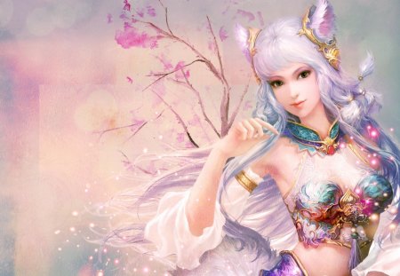 Foxy Princess - woman, princess, beauty, bloom, japanese, fantasy, white, game, cool, tree, jewelry, girl, lovely, asian, fox, ears, blue, pink, chinese, white hair, flower