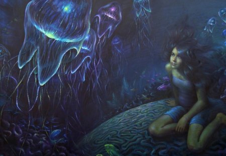 fantasy girl - under water, jelly fish, fish, anime, girl