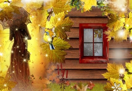 An Old Fashion Fall - trees, window, gold, rustic, leaves, fall, glow, lady, vintage, autumn, lights, victorian