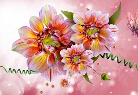 Dahlias Bright - autumn, summer, shine, sparkle, glow, bright, butterfly, fall, fleurs, flowers, dahlias, papillon