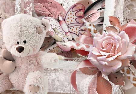 Happy Teddy Bear - soft, ribbons, toy, rose, butterfly, fleurs, vintage, pink, lace, sweet, flowers, papillon