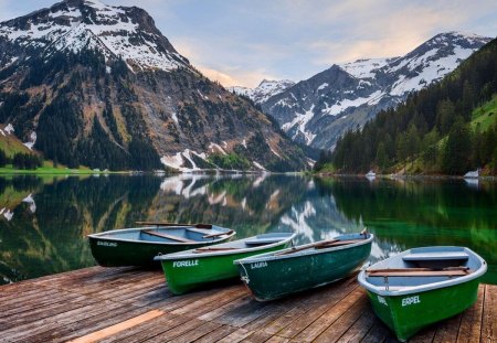 Vilsalpsee - nice, lakeshore, sky, slope, valley, dock, riverbank, peeaks, water, rocks, pretty, reflection, clouds, river, snowy, retro, lake, vilpsalsee, boats, mountain, wooden, summer, shore, lovely, pier, dawn, beautiful, austria, europe