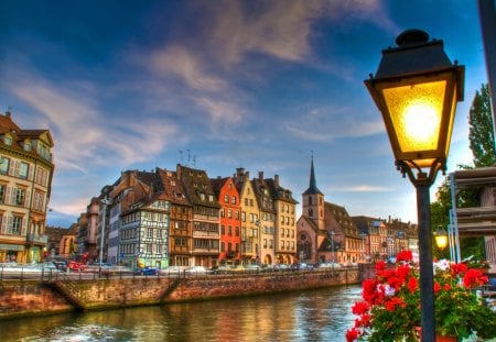 Strasbourg - France - nice, sky, water, strasbourg, reflection, france, pretty, lantern, river, clouds, lake, summer, lovely, nature, town, beautiful, city, flowers, europe