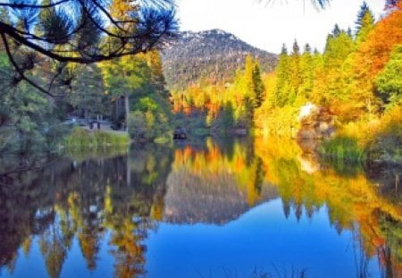 Reflections - pretty, calm, reflections, mountain, shore, riverbank, lake, nice, sky, clouds, trees, water, beautiful, lovely, lakeshore, colorful, river, nature, ummer, tranquility, autumn, serenity, peaceful