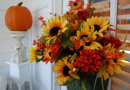 A little bit of Fallâ™¥ - fall, flowers, halloween, love, yellow, porch, forever, front, sunny, decor, bright, sunflowers, nature, autumn