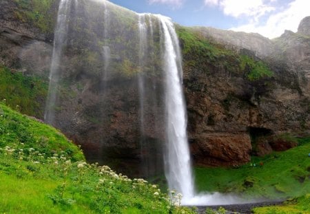 Spectacular Waterfalls - cliff, spray, grass, white, land, river, waterfalls, nature, ledge, rock, water, daylight, falls, sky, clouds, day, green