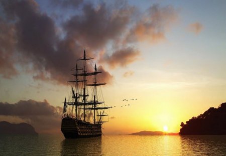 On The Water At Sunset - clouds, sunset, water, boat, sky