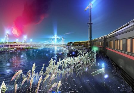 'Train Through the Magnificent Lake' - attractions in dreams, travels, places, graphic designs, 3d and cg, stunning, creative pre-made, lakes, love four seasons, abstract, most downloaded, digital art, trains, sparkles