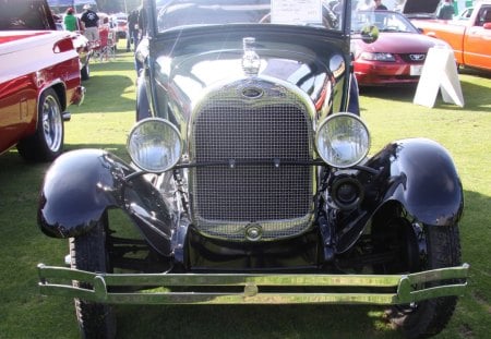 1928 Ford model A - red, headlights, ford, black, photography, tires