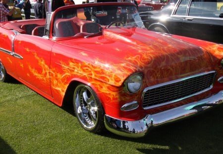 1955 red Chevrolet - red, headlights, chevrolet, black, photography, tires