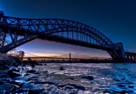 bridges at dusk - rocky shore, river, bridges, dusk, city