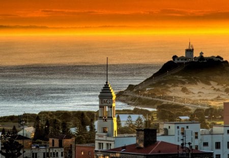 lighthouse in australia - sea, sunset, town, lighthouse