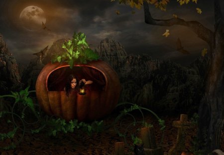 enchanting - bats, moon, halloween, girl, pumpkin