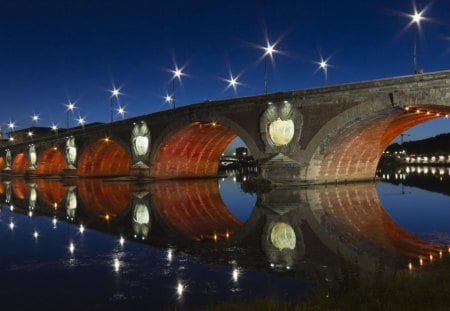 carmes toulouse bridge in france - river, arches, lights, night, bridge