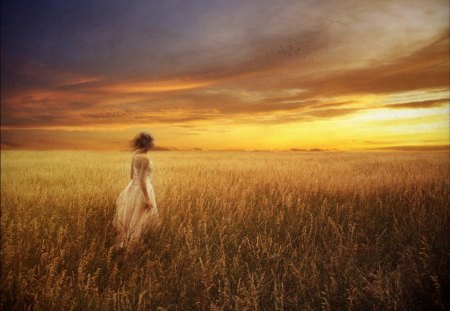 artistic - fields, women, sky, artistic