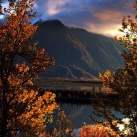 red mountain with trees in autumn