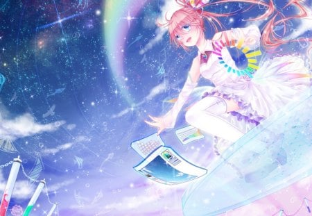 anime girl - sky, rainbow, stars, girl, sheets, anime, manga