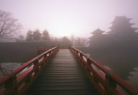 Samurai's way - fog, landscape, scene, harmony, japan, nature, zen, mist, hd, bridge, wallpaper