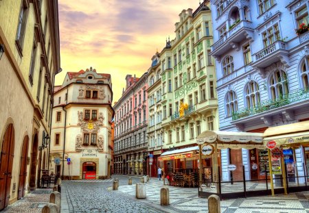 Lovely Place - street, alley, road, walk, beautiful, czech republic, architecture, view, city, nature, windows, colorful, streets, prague, beauty, window, buildings, romance, peaceful, sky, town, building, houses, clouds, lovely, splendor, house, colors, romantic