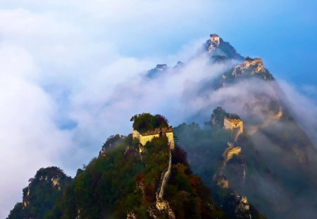 the great wall under clouds - mountains, peak, clouds, wall