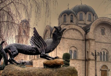 church of the holy trinity radovish macedonia - church, beige, tree, statue