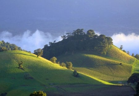 beautiful hills in costa rica - fields, hills, grass, clouds