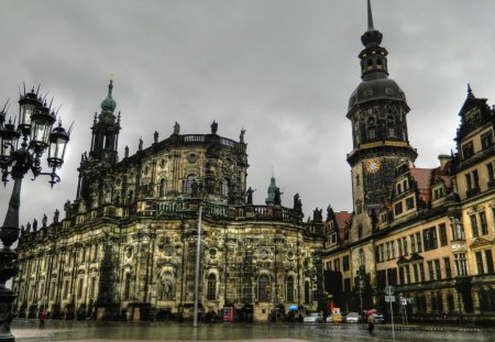 cathedral in dresden germany - towers, cathedral, lights, rain