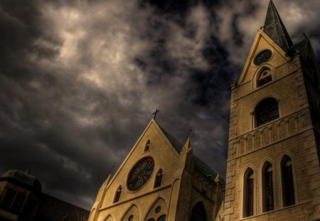 church rising to a stormy sky - storm, clouds, spire, church