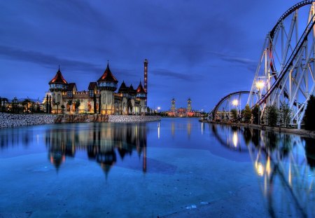 Amusement Park - scenery, lights, lake, rollercoaster, building